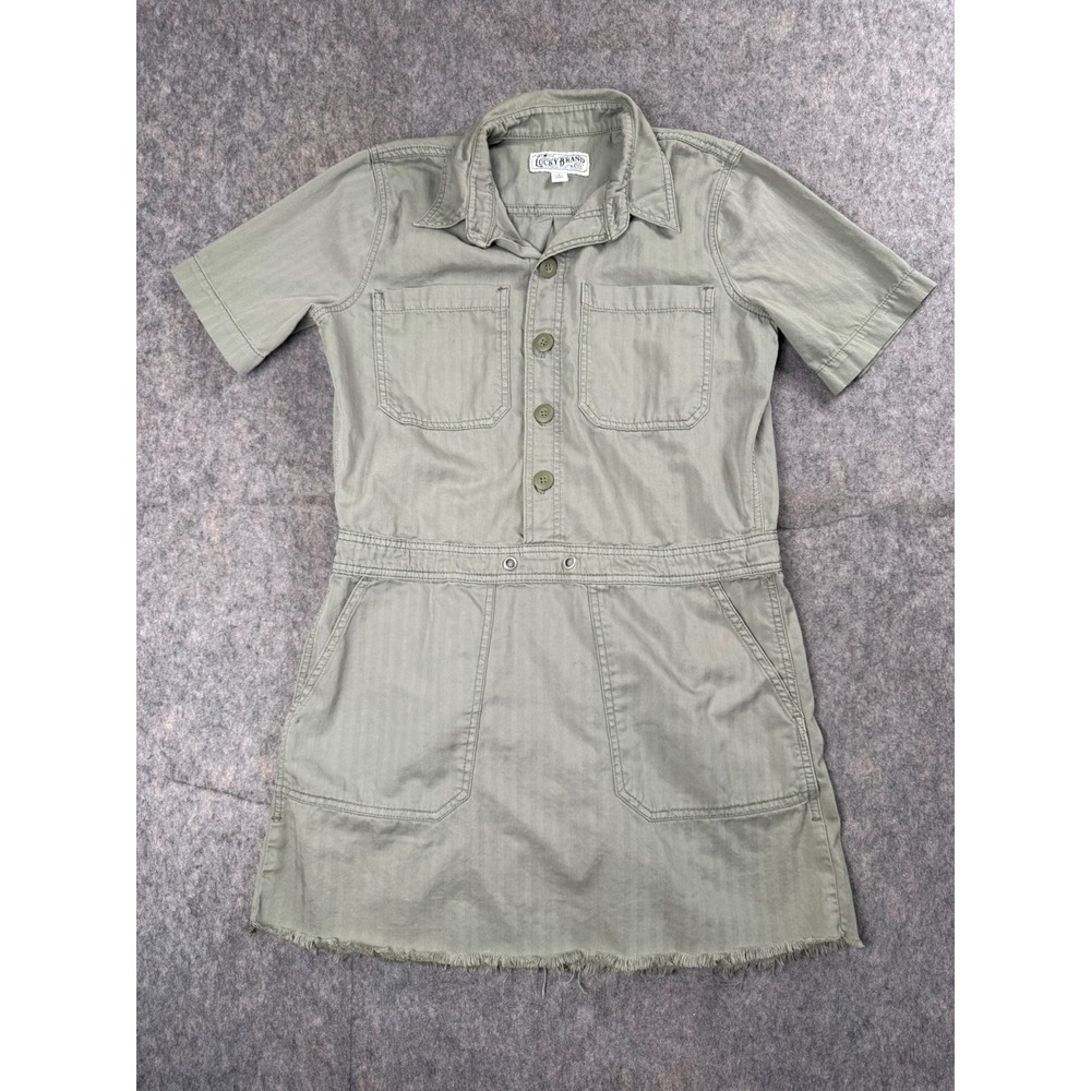 Lucky Brand Romper Dress Womens S Green Cotton Utility Herringbone Frayed Boho